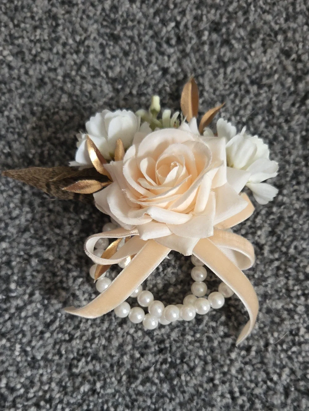 Tan Rose Pearl Wrist Corsage with Gold Accents And Feather